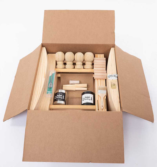 Packed box with DIY kit from The Joggle Factory.